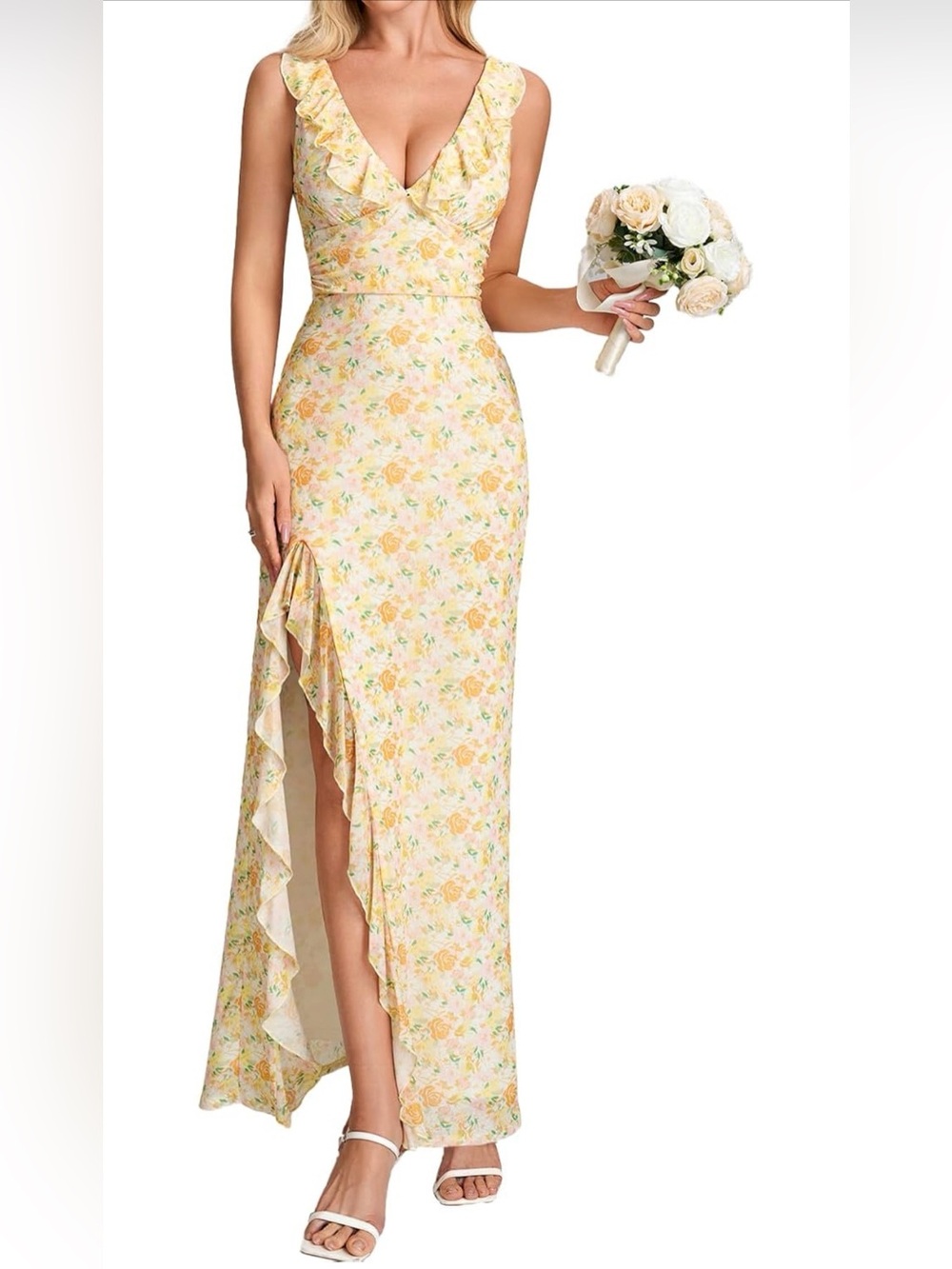PARTHEA V-Neck High-Low Maxi Dress in Yellow Floral